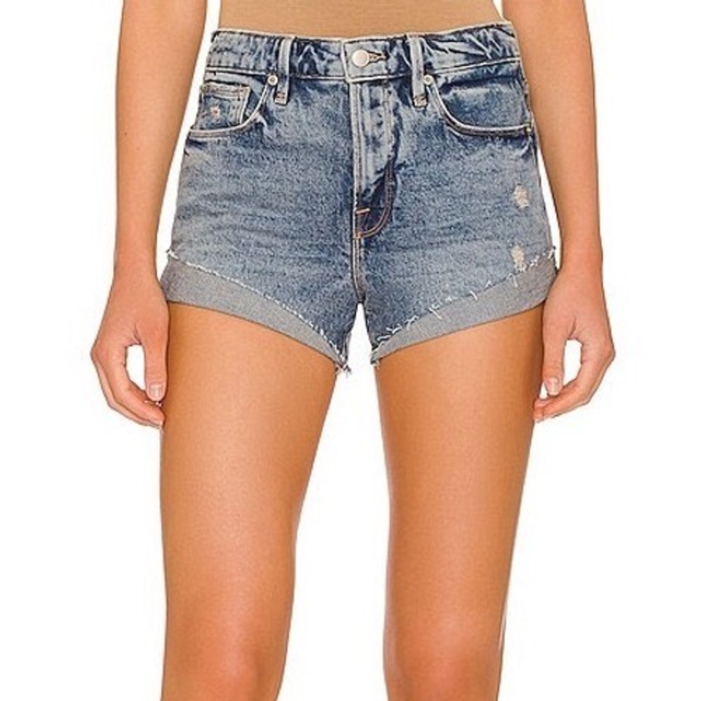 Good American Good Curve High Rise Distressed‎ Denim Shorts Indigo 2 GCS235T hh
